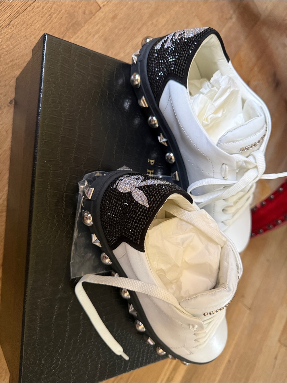 Philipp Plein White Leather Sneakers with Black Sole & Gold Studs - Picture 3 of 5